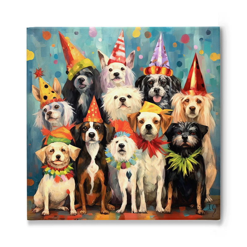 Happy pets in a colorful birthday celebration with party hats.