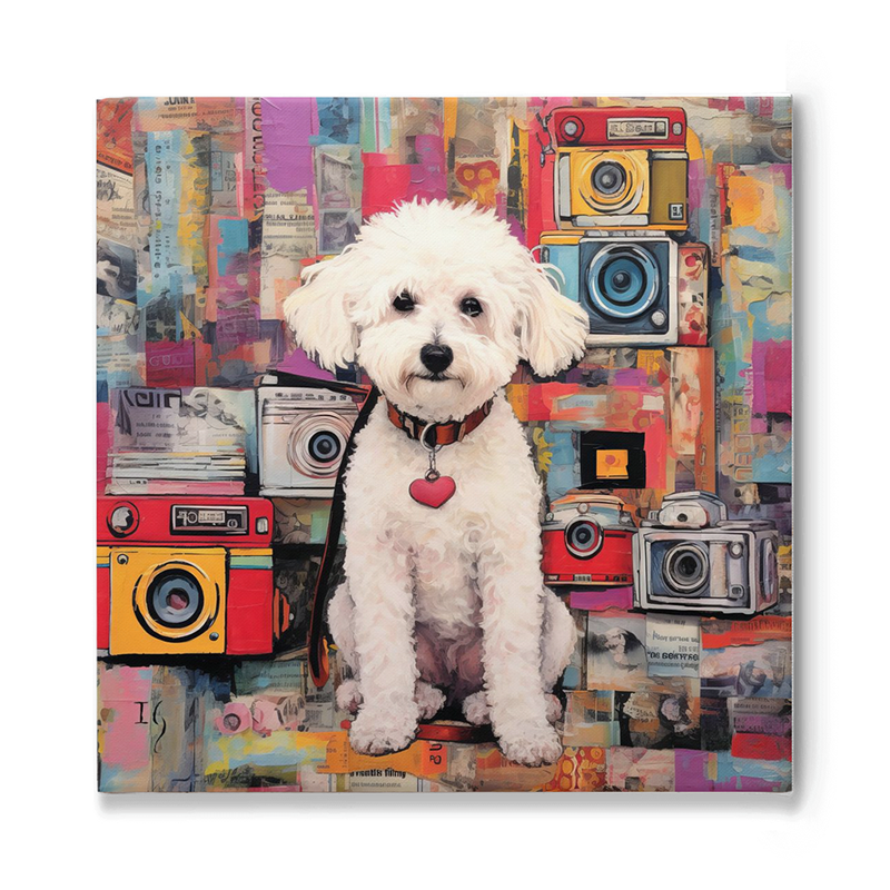 Custom pet art featuring a white dog and colorful cameras