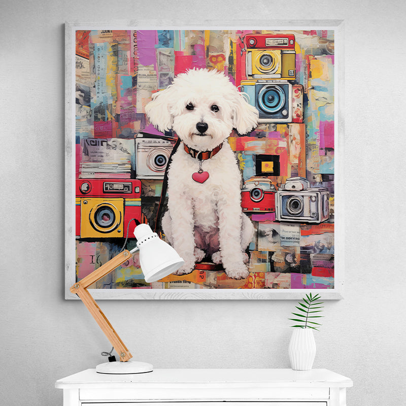 Framed custom dog portrait with retro cameras, colorful pet art