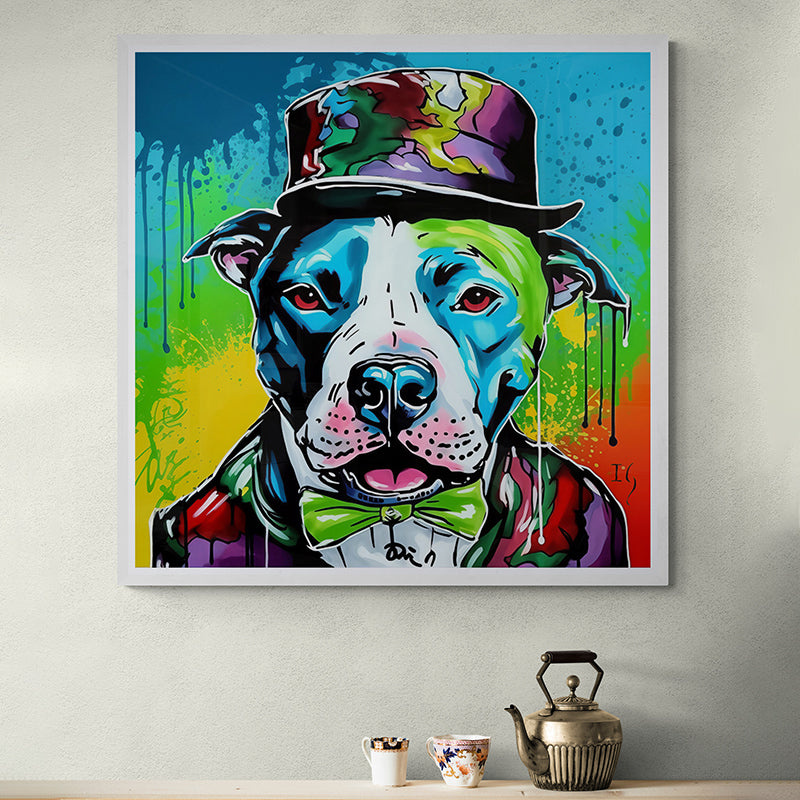 Custom pet painting: Colorful pitbull with top hat and bow tie, framed in contemporary setting