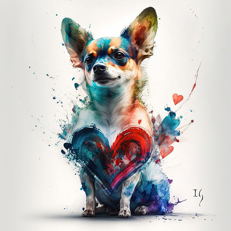 Colorful Chihuahua portrait with heart design, whimsical pet art