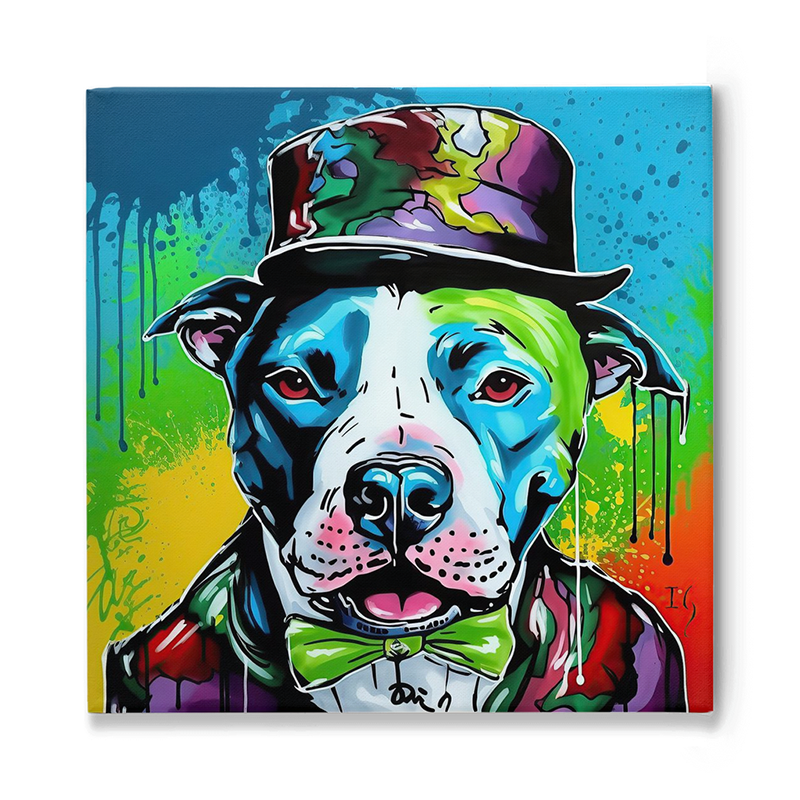 Artistic pitbull portrait: Dog in a top hat and bow tie with rainbow colors