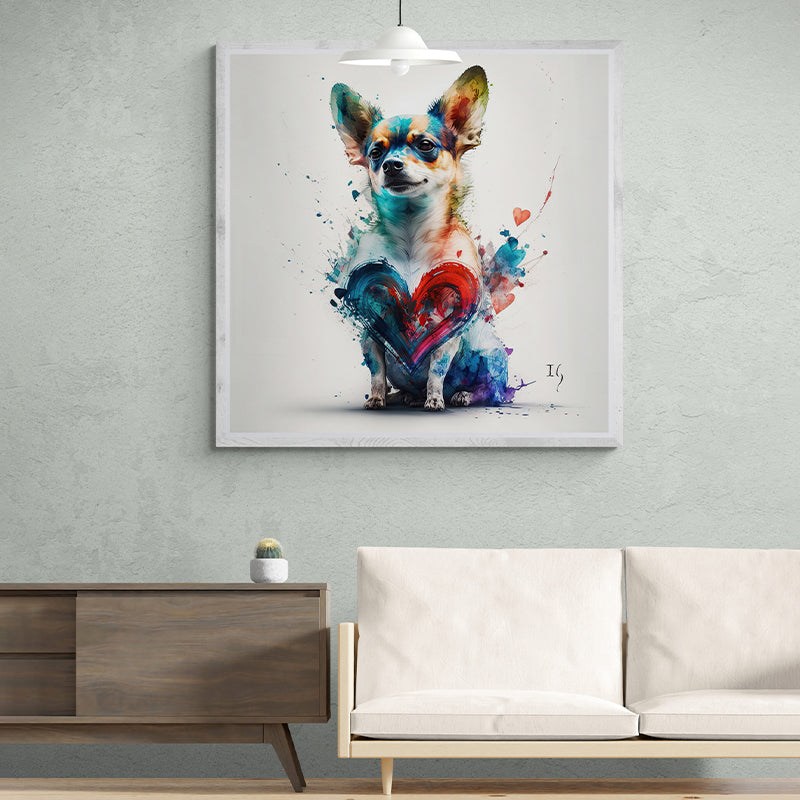 Colorful Chihuahua dog portrait painting in modern home setting