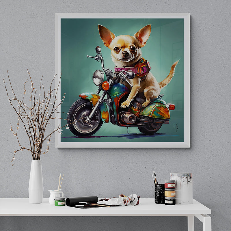 Happy pet chihuahua riding a colorful motorcycle in animal paradise.