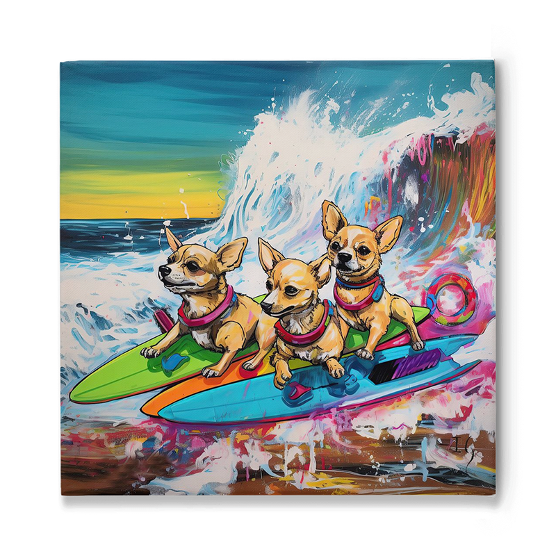 Dynamic illustration of three Chihuahuas riding a multi-colored surfboard, confidently navigating a giant wave during sunset, with vibrant splashes and vivid skies in the backdrop.