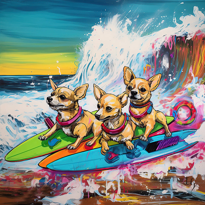 Bold and spirited artwork of Chihuahuas showcasing their surfing prowess on a rainbow-colored board, set against the dramatic waves and serene sunset, capturing the essence of a beach adventure.