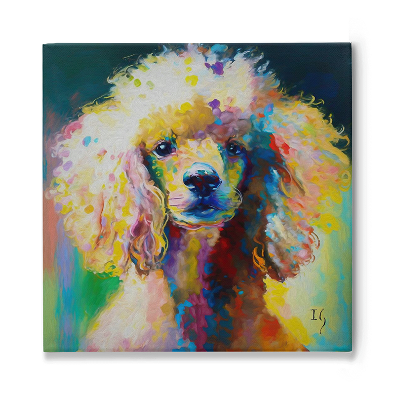 Vibrant digital painting of a curly-haired poodle immersed in a cascade of colorful brush strokes, showcasing the dog's expressive eyes and fluffy coat against a lively background.