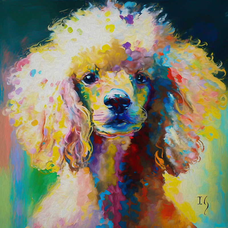 Mesmerizing illustration of a poodle with dynamic swirls of bright colors enveloping its form, emphasizing its soft curls and soulful eyes against a contrasting backdrop.