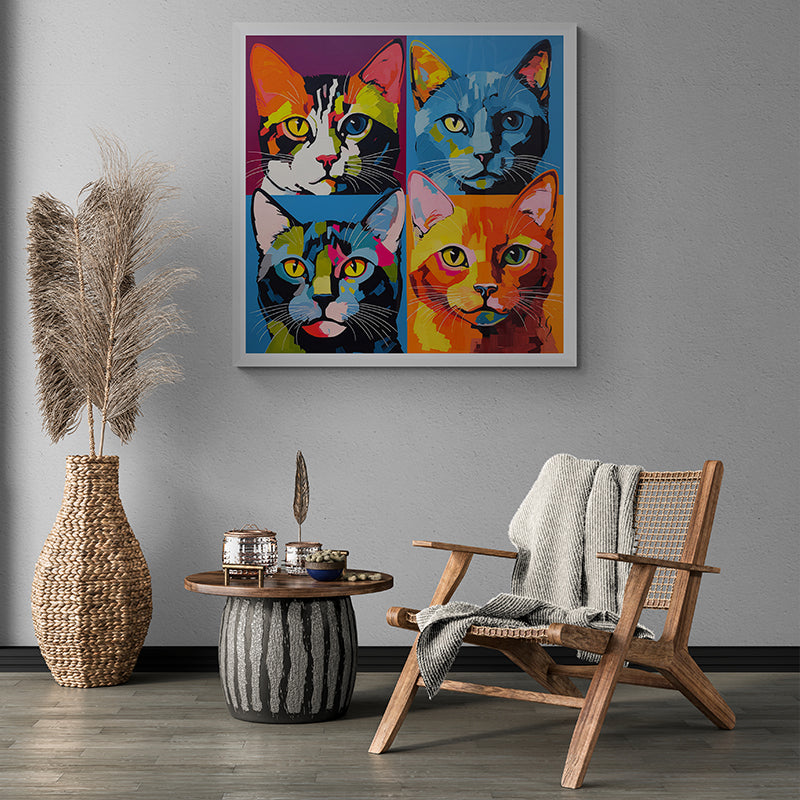 Framed pop art cat faces on a gray wall with modern decor