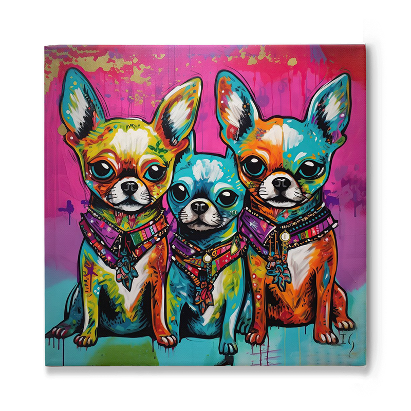 Vibrant pop art depiction of three French Bulldogs, each painted in striking colors and adorned with ornate collars, set against a bold pink background with abstract splatters.