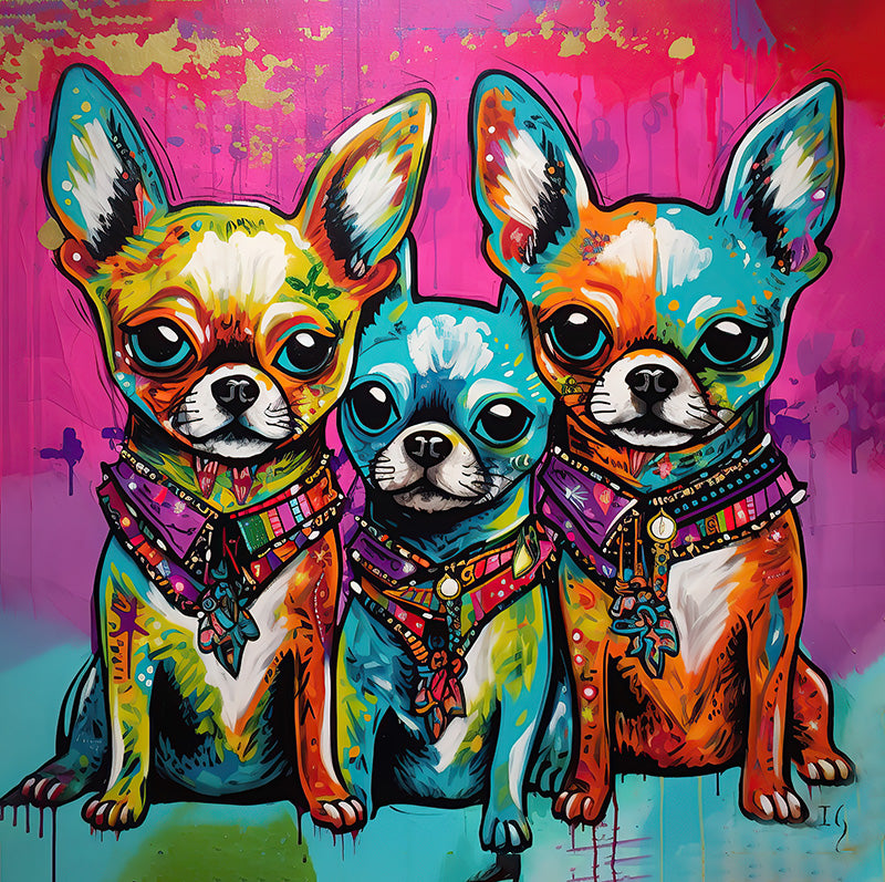 Bold and lively portrait of a trio of French Bulldogs, each uniquely painted in a blend of radiant colors, wearing decorative collars, and juxtaposed against a dynamic pink canvas with artistic drips and splashes.