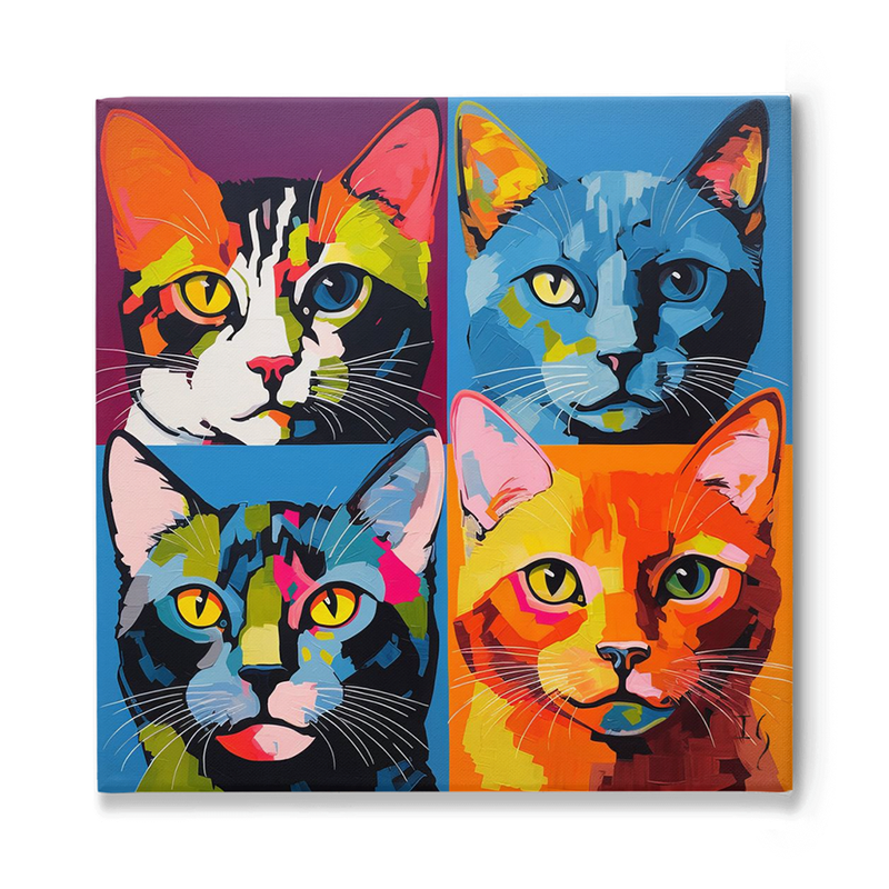 Brightly painted cat portraits in pop art style