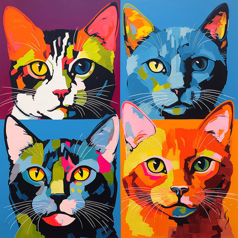 Four colorful cat portraits in a vibrant pop art style