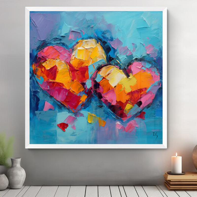 Abstract painting of vibrant hearts in home setting, ideal wall art for creating a cozy and inviting atmosphere.