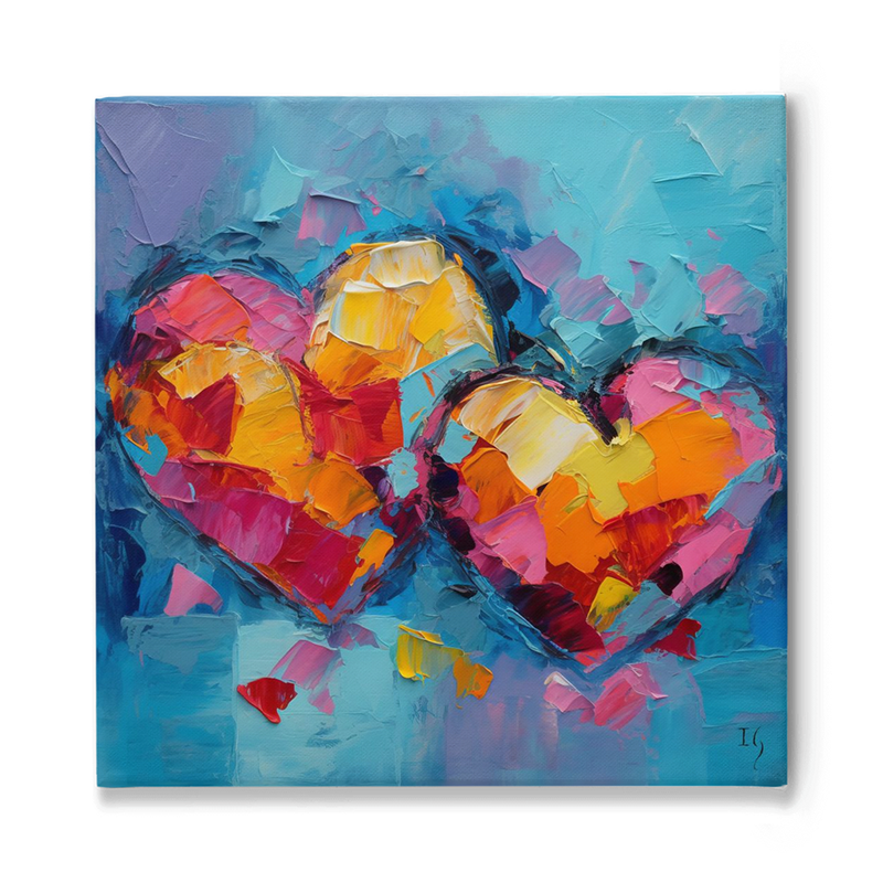 Abstract twin hearts painting in vibrant colors, textured oil on canvas, perfect for home decor and gift for loved ones.