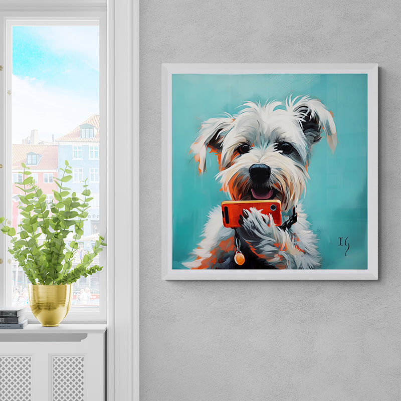 Dog painting with smartphone on wall, bright interior