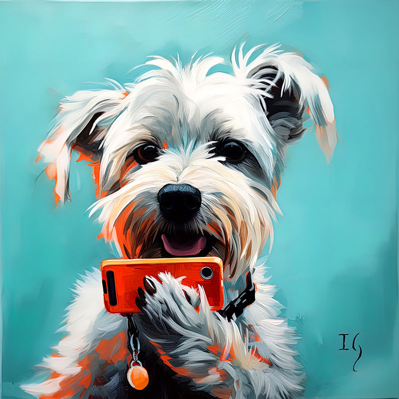 Colorful painting of a dog with a smartphone