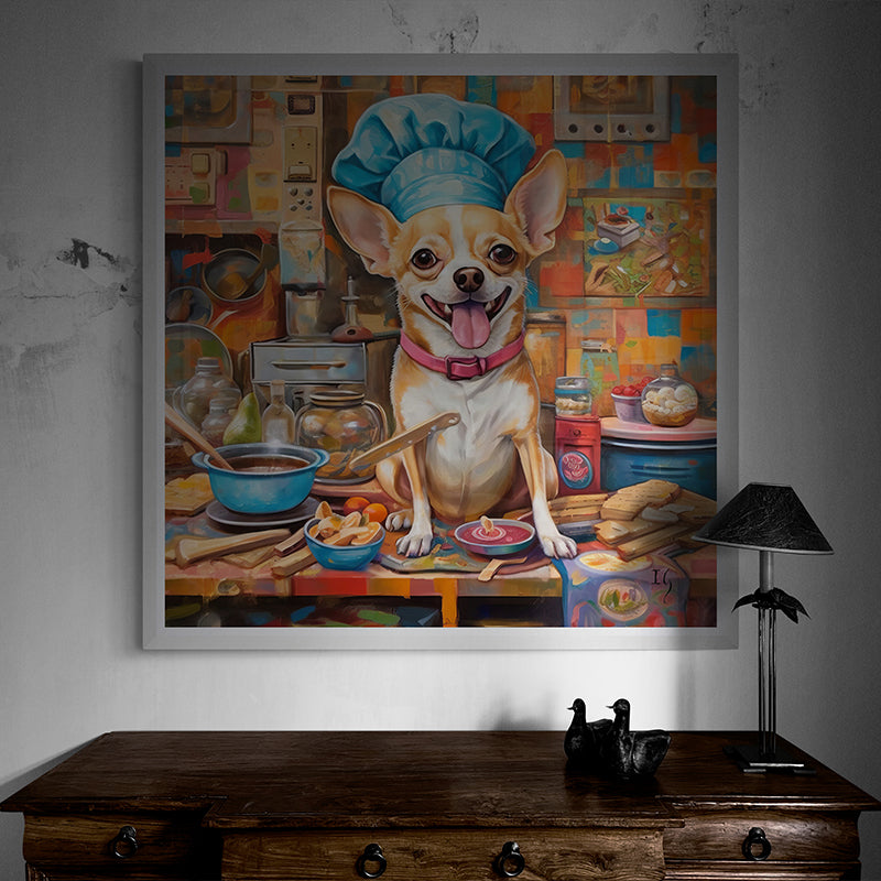 Framed chihuahua chef cooking in a whimsical and colorful kitchen