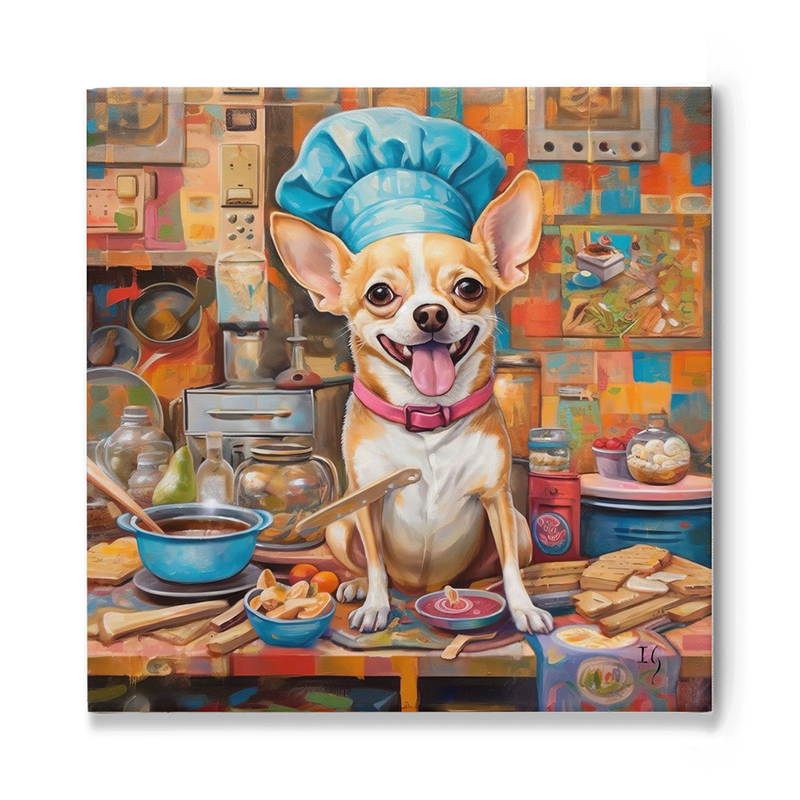 Dog art: Chihuahua in chef hat surrounded by colorful kitchen decor