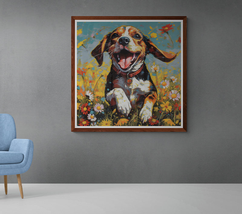 A joyful tricolor beagle, with a glistening nose and playful expression, is set amidst a colorful meadow of red, yellow, and white wildflowers. Splashes of paint add to the energetic atmosphere of the scene.