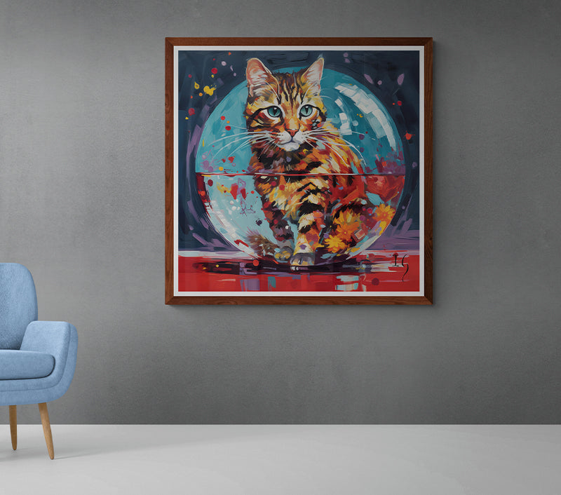 Whimsical framed painting of a cat inside a glass bowl