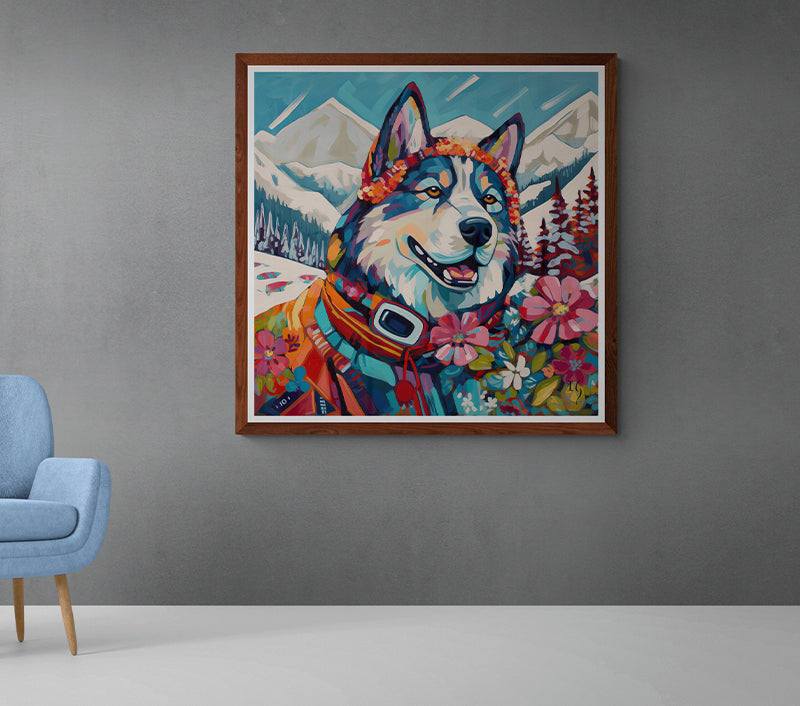 A brightly-painted husky, with a floral garland on its head, looks on with a gentle gaze. The animal's vibrant scarf complements the burst of wildflowers at the bottom, all set against a backdrop of snow-covered mountains and dense forests.