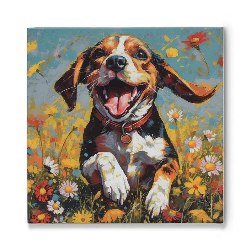 An exuberant beagle with a wide-open mouth and bright eyes appears to be in mid-laugh. Surrounded by a vibrant field of wildflowers, its floppy ear dances in the wind, and a red collar stands out against its tricolor fur.