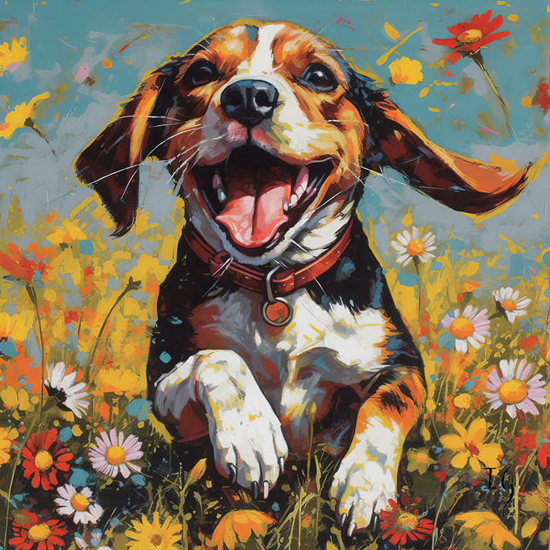 An animated beagle portrait captures a moment of pure delight, with its tongue out and eyes gleaming. The background bursts with an array of colorful wildflowers, creating a picturesque setting.