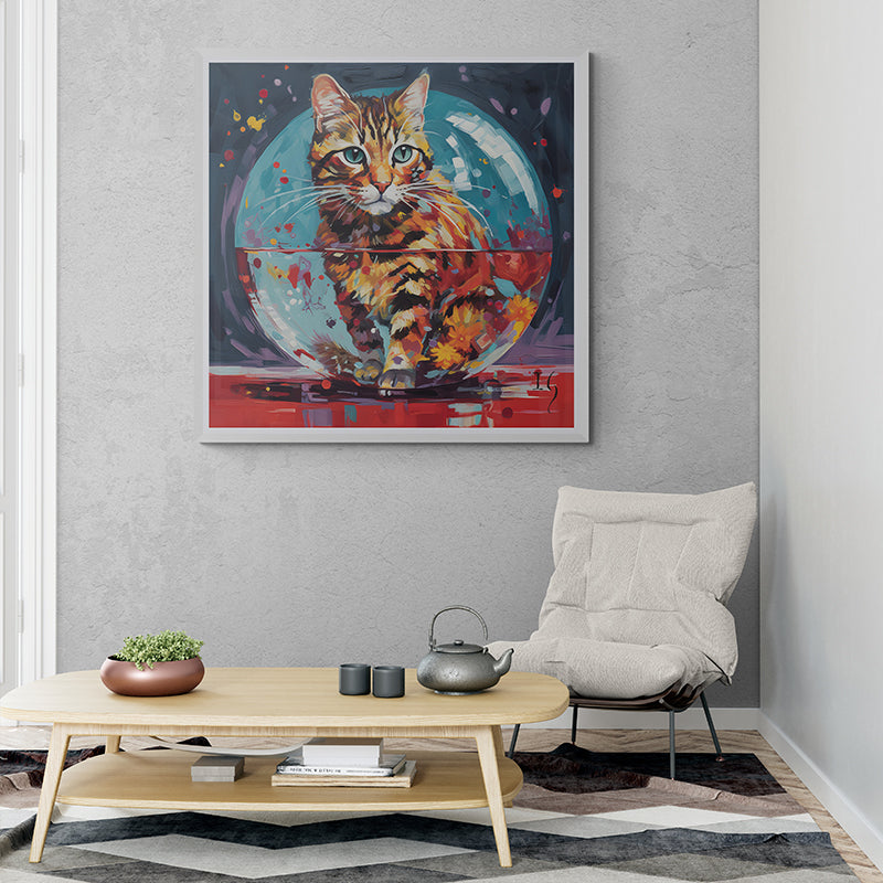 Living room decor with a cat in a fishbowl artwork