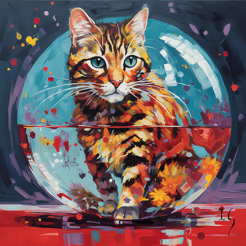 Whimsical painting of a cat inside a glass bowl