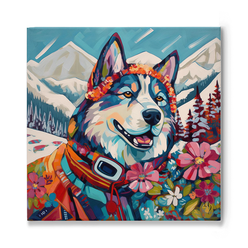 A vivid portrait of a husky adorned with a garland of colorful flowers and draped in a multicolored scarf, stands majestically with a serene mountainous backdrop. Behind him, snowy peaks rise, bordered by lush pine forests and a valley dotted with wildflowers.