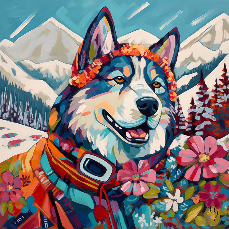 An artistically rendered husky, draped in a rainbow-hued scarf and crowned with a wreath of blossoms, stands against a picturesque landscape. Snowy mountain peaks, evergreen trees, and a medley of radiant wildflowers complete the enchanting scene.