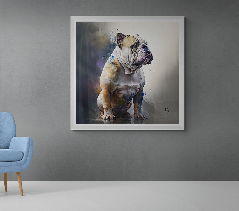 Vivid portrayal of an English bulldog with dramatic color contrasts, highlighting the intricate textures and thoughtful expression amidst an atmospheric setting.