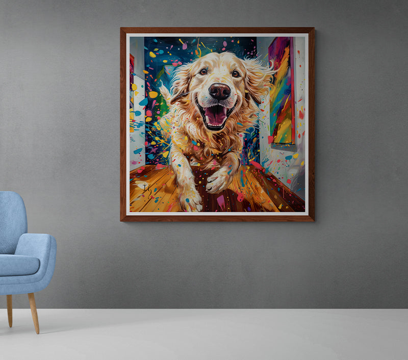 Joyful golden retriever in a burst of colors, framed in a stylish room