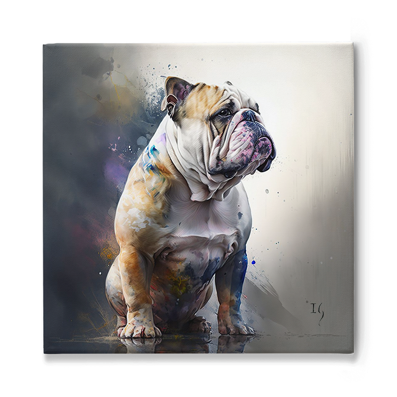 Stunning digital artwork of an English bulldog portrayed with a blend of realism and vibrant color splashes, reflecting a mix of contemplation and energy against a dynamic backdrop.