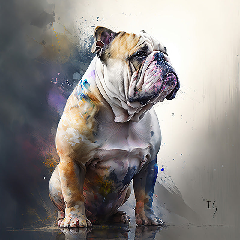 Evocative illustration of an English bulldog draped in a whirl of colors, capturing its regal stance and introspective gaze against an abstract, moody background.