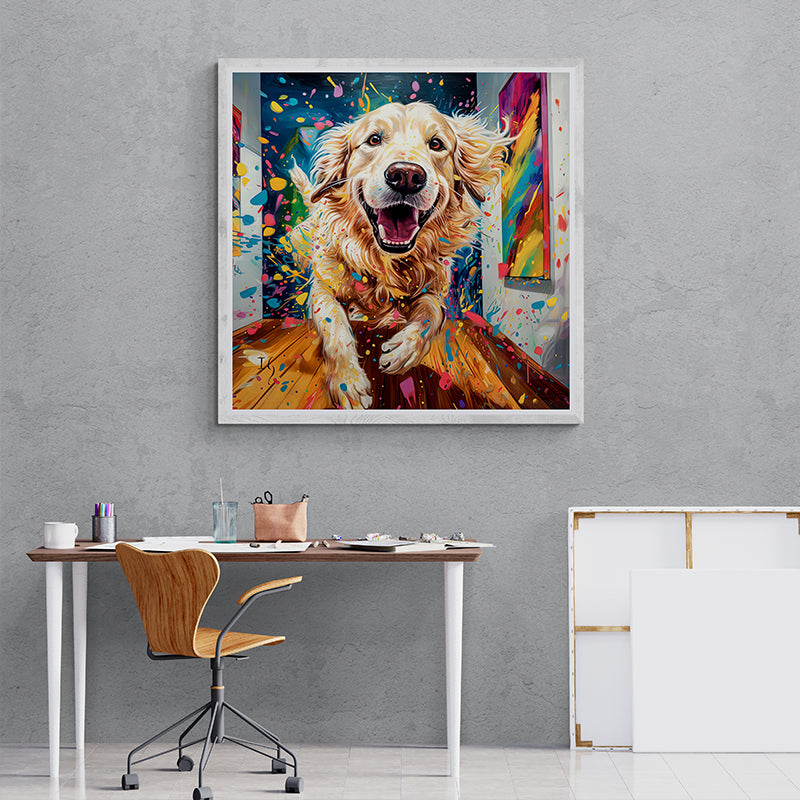 Framed joyful golden retriever art with colorful paint splashes in a modern studio