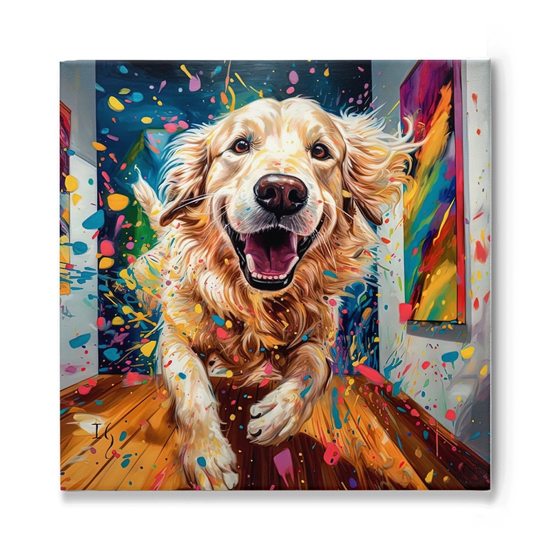 Colorful dog art: Golden retriever in a playful, vibrant scene