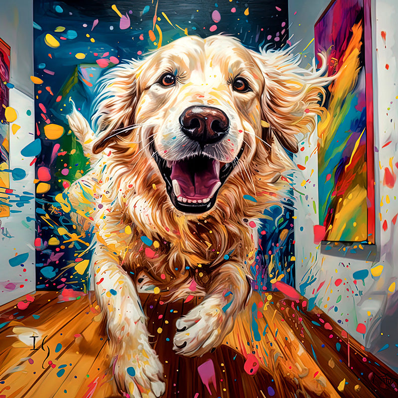 Joyful golden retriever running through a burst of colorful paint splashes