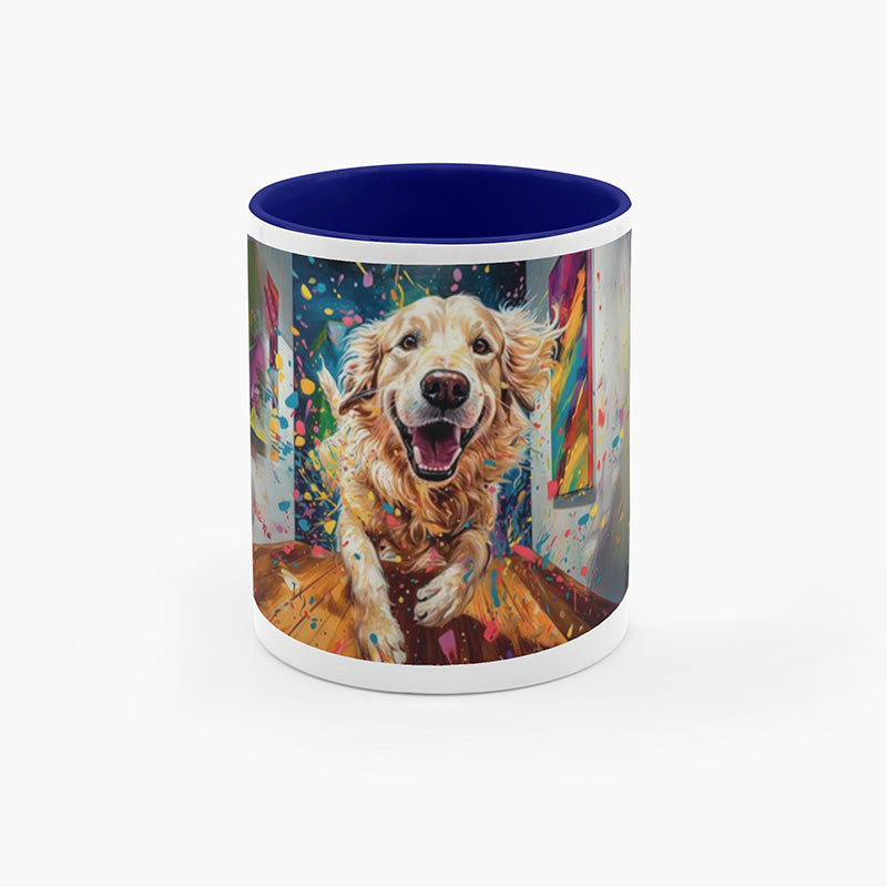 Golden retriever running with joy on a colorful artistic mug from the Pet Paradise collection.