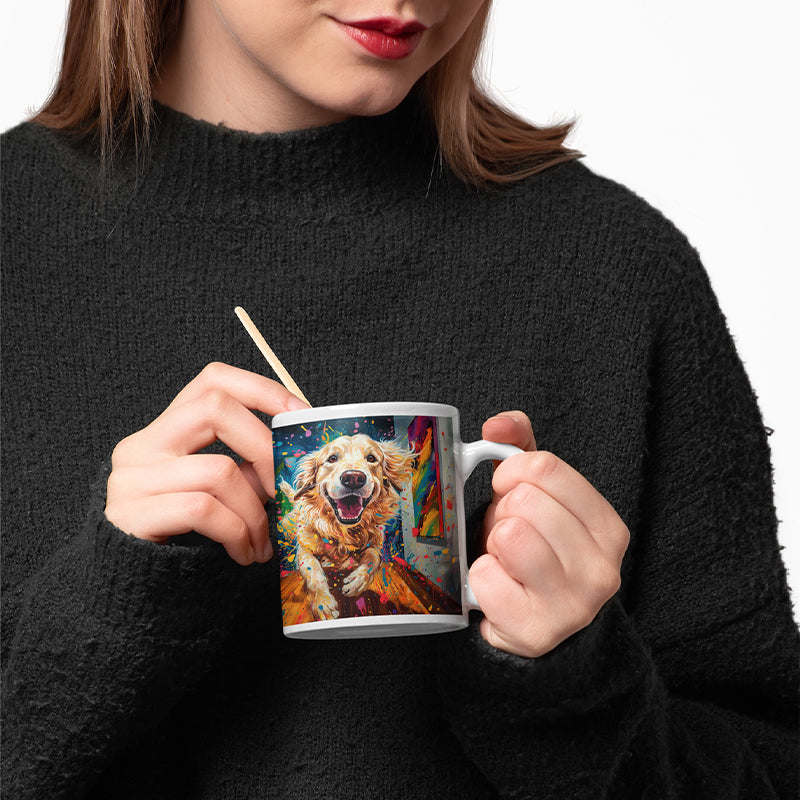 Vibrant mug featuring a golden retriever surrounded by splashes of bright colors.