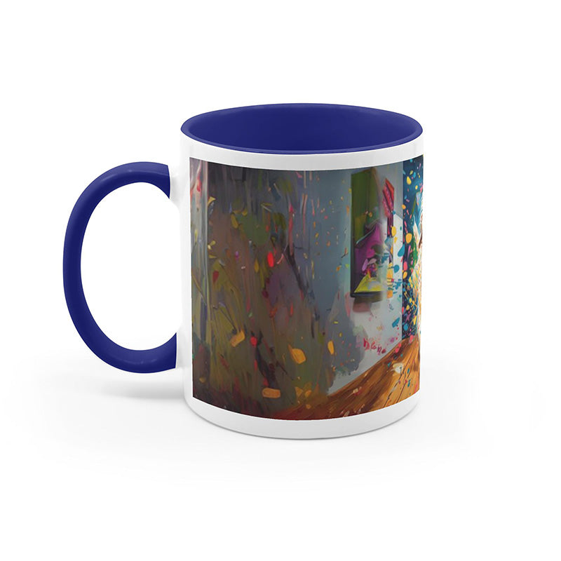 Cheerful golden retriever running through a lively, colorful scene on a ceramic mug.