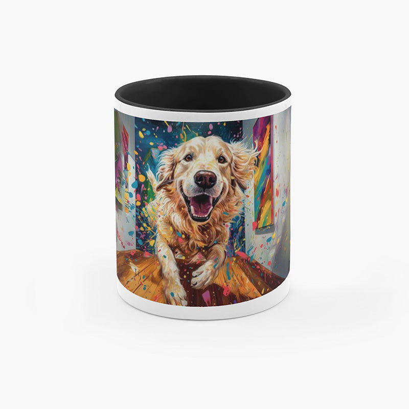 Colorful mug with a golden retriever running joyfully, perfect for pet lovers.