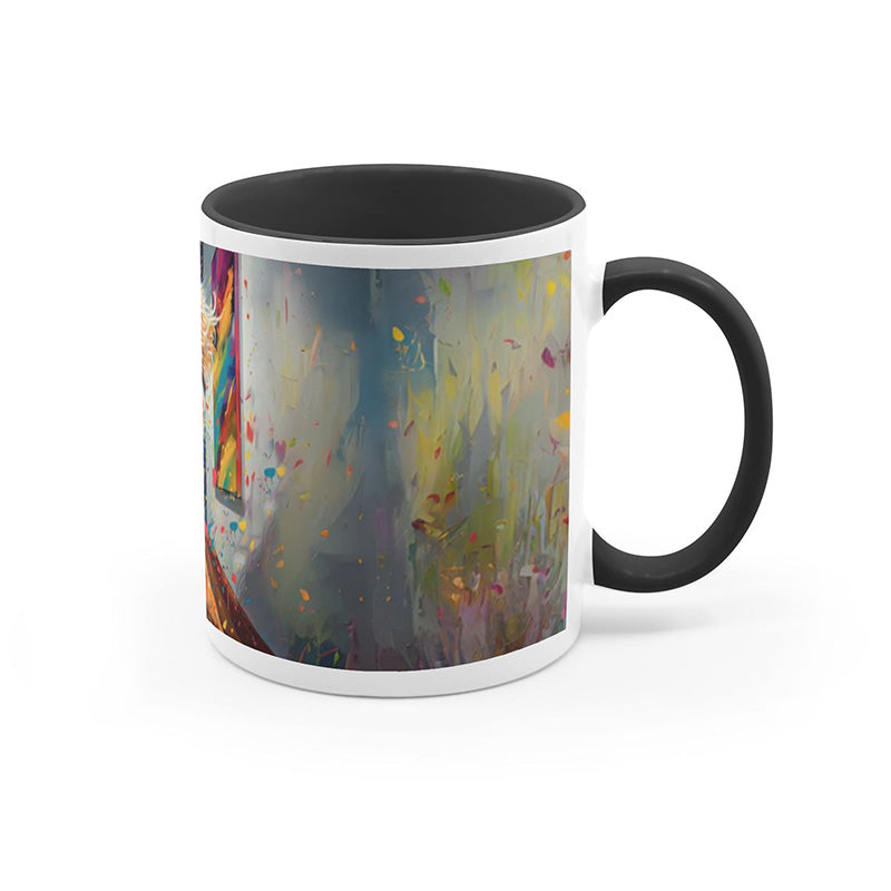 Vibrant mug featuring a golden retriever surrounded by splashes of bright colors.