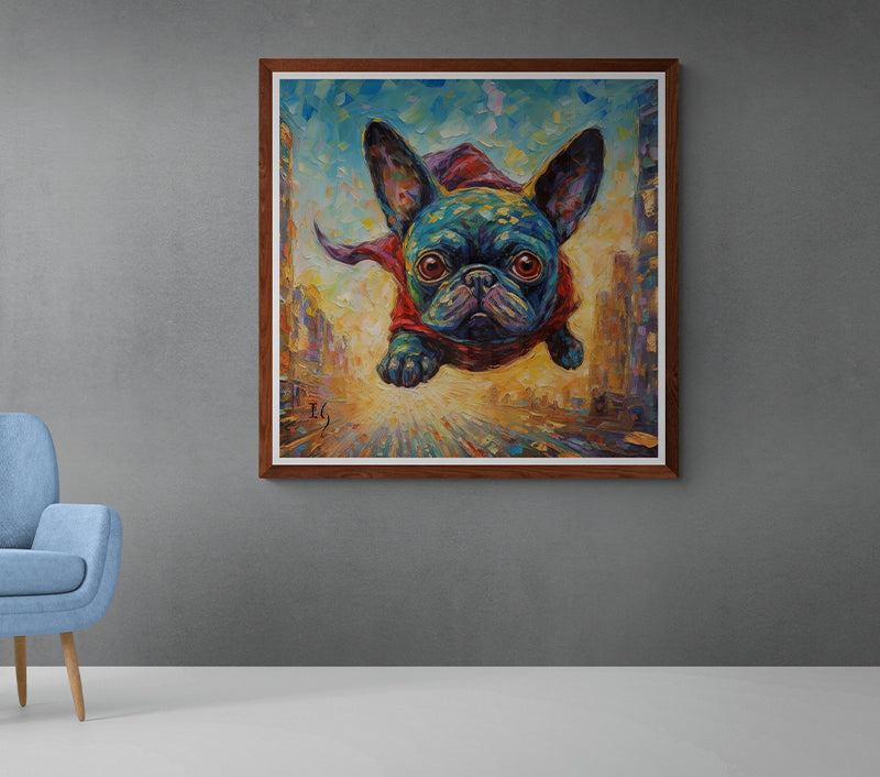 A mesmerizing portrait of a French Bulldog painted in vivid hues. The dog's face takes center stage, its soulful eyes drawing the viewer in, while the background swirls in a kaleidoscope of colorful strokes, creating an aura of enchantment.