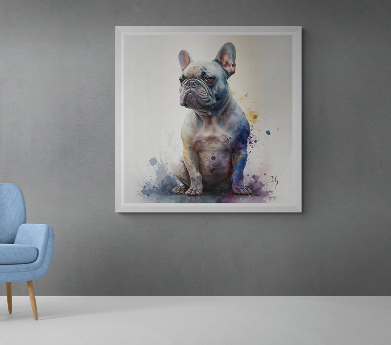 Artistic rendering of a pensive French bulldog bathed in a mixture of pastel and vivid shades, exuding a sense of depth and emotion amidst an abstract setting.