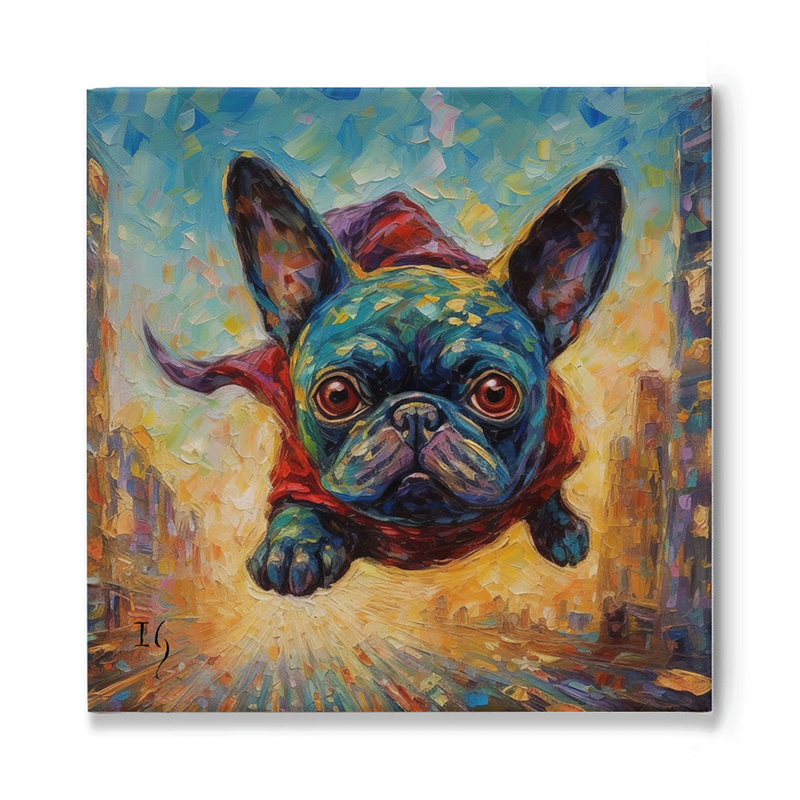 A captivating painting of a French Bulldog, its intense gaze highlighted by big, round, and expressive eyes. The dog's richly-colored blue and green fur contrasts with the radiant, abstract burst of warm colors in the background, evoking a sense of wonder.