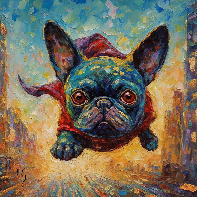 An artful depiction of a French Bulldog with deep-set, poignant eyes that seem to tell a story. The painting is drenched in a spectrum of colors, blending seamlessly from the cool shades on the dog's face to the fiery backdrop, presenting a contrast that's both dramatic and alluring.