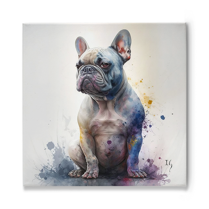 Captivating digital art of a French bulldog with expressive eyes, embellished with a swirl of vibrant colors and delicate splatters, set against a soft, light backdrop.