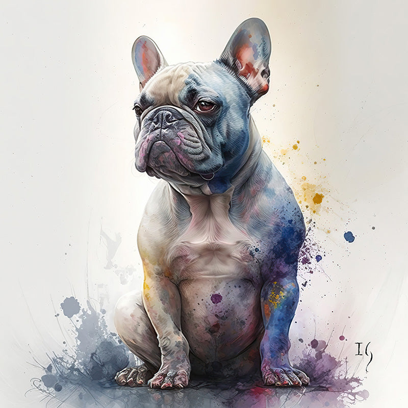 Elegantly portrayed French bulldog with a mix of natural tones and colorful splashes, showcasing detailed textures against a subtle gradient background.
